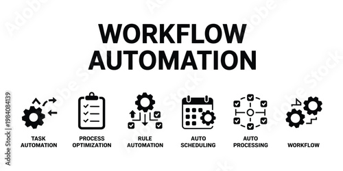 workflow automation banner design, vector illustration featuring task automation, process optimization, rule automation, scheduling, processing and workflow engine icons.