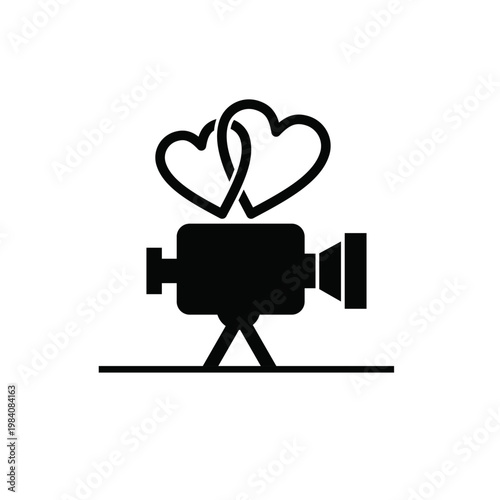 Wedding Videography Icon with Classic Film Camera and Interlocking Hearts