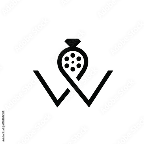 Abstract W Letter Logo Combining Diamond Engagement Ring and Film Reel Icon Design