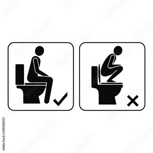 Correct and incorrect toilet sitting positions for healthy bowel movements and bathroom etiquette guidelines