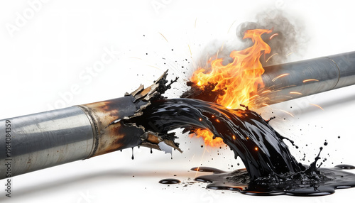 Crude oil spill broken pipeline fire flame sparks leak industrial accident environmental disaster Black crude oil gushing from broken steel pipeline, fire with flame and sparks, leak and spill