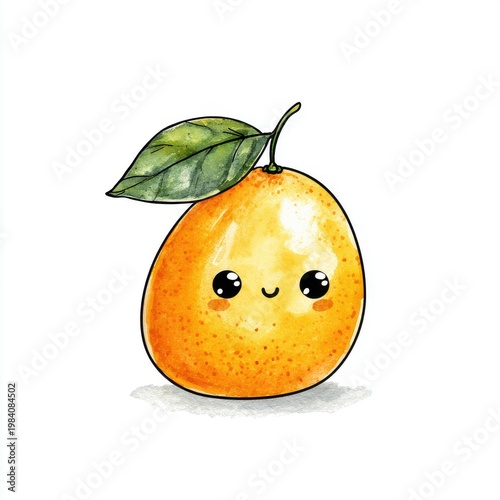 Cute Orange Fruit Character With Big Eyes And Smiling Face and Green Leaf Stem
