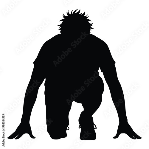 Man in a crouching position with hands on ground ready to run  athletic stance  sports  fitness