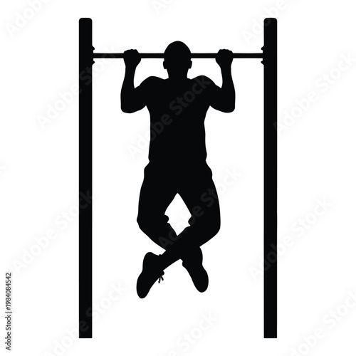 Man doing pullups on horizontal bar with two vertical posts  fitness and exercise concept