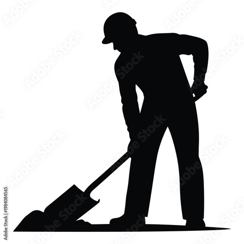 Man in hard hat digging with shovel silhouette isolated on transparent background