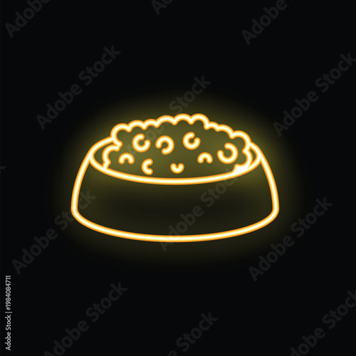 Yellow neon icon of pet bowl full of kibble, glowing on black background
