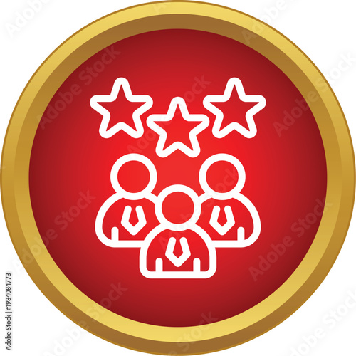 Business team achieving top star rating inside a red circle with gold border