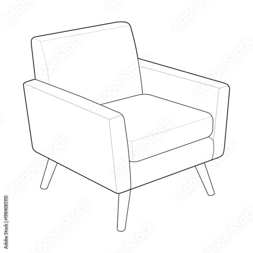 Isometric mid century modern armchair and tight back accent chair linear drawing