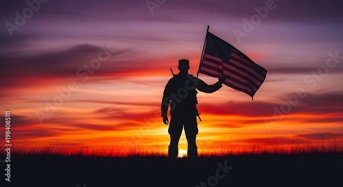 Happy independence day usa patriotic silhouette of a soldier with american flag at sunset
