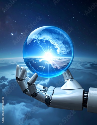 Robot hand holding Earth globe against a cosmic backdrop.
