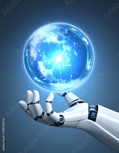Futuristic Robot Hand Holding a Glowing Digital Globe.