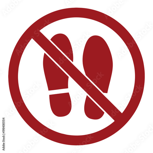 Red circle with feet symbol crossed out on white background  no walking or entering sign