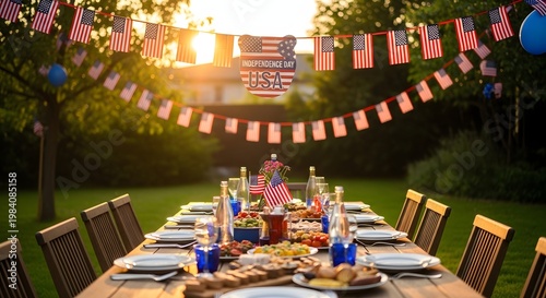 Happy independence day usa festive backyard celebration with american flags and outdoor dining