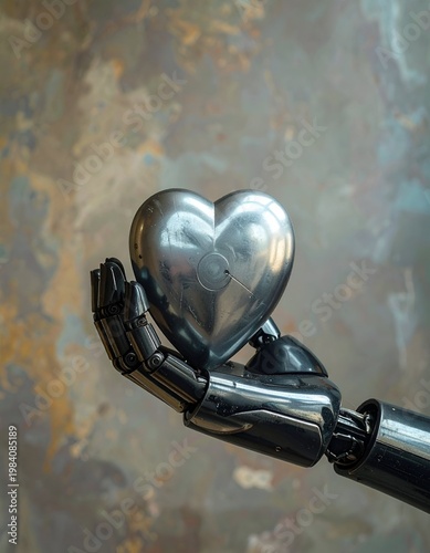Robot Hand Holding a Metal Heart - A Symbol of Artificial Love.
