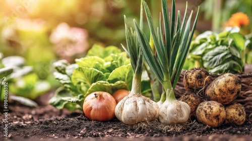 Harvesting fresh vegetables allium potatoes and greens community garden food photography vibrant nature close-up view