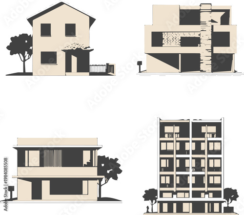 building minimalist house apartment townhouse studio facades lines set