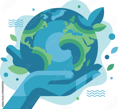 Stylized illustration of a pair of hands cradling the Earth with leaves and abstract shapes.