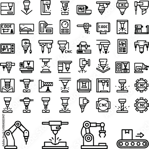 cnc machine icons set line art vector industrial automation symbols