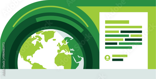 Illustrated globe is partially enclosed by green arches, with a graphic element displaying abstract text placeholders.