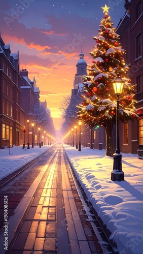 Snowy street with Christmas tree and lampposts at sunset