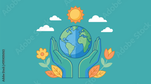 Hands cradle the Earth illustration with stylized sun and clouds above, surrounded by flora, symbolizing environmental care and global protection.