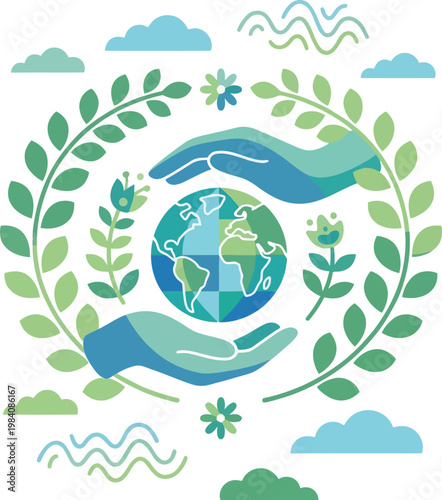 Hands embrace a detailed globe within a frame of leaves and flowers, illustrating a bountiful and protected natural world with clouds above.