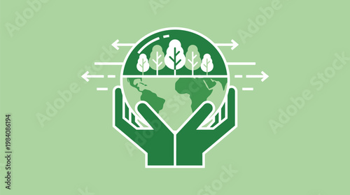 Two hands grasp a globe adorned with trees and flowing arrows, representing environmental preservation and positive global movement.