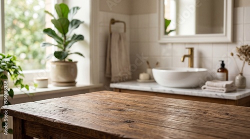 Empty wood table in blurred bathroom with plant and sink background with copy space