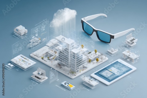 Digital Cityscape Hologram With Futuristic Technology And Cloud Integration