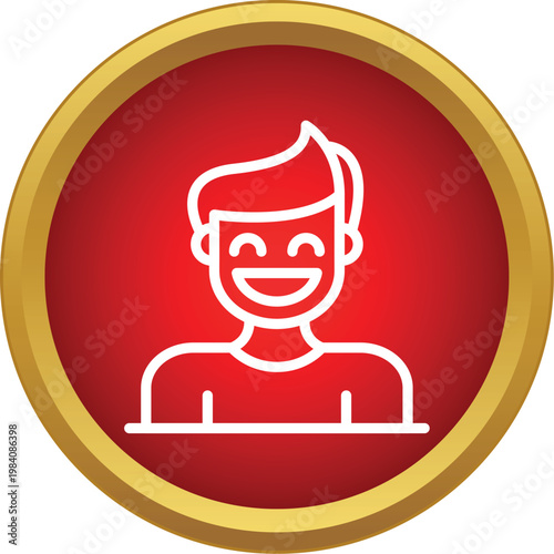 Happy man avatar with a big smile inside a red and gold emblem