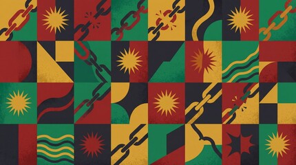 Juneteenth African Pattern Seamless Geometric Textile Design Red Green Black Background