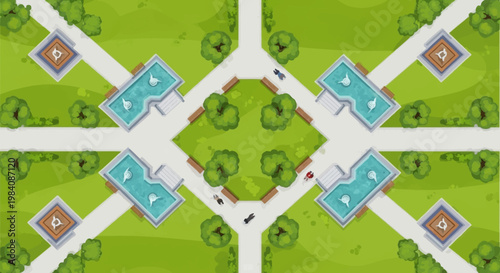Aerial view of a symmetric park layout with green lawns and walking paths surrounded by illustrations of buildings and trees