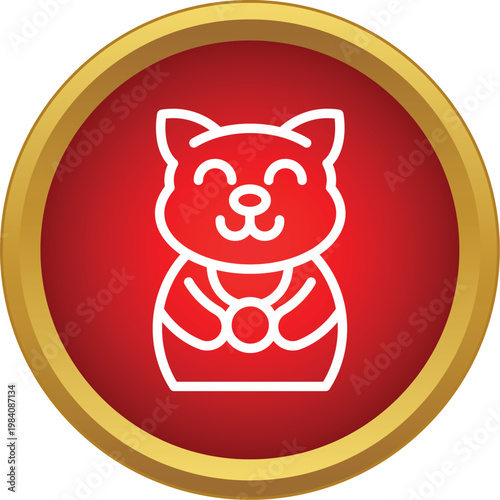 Smiling maneki neko cat icon on a red button with a gold border bringing good luck