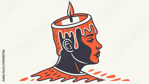 Emotional burnout concept with a melting candle shaped head symbolizing exhaustion stress and mental fatigue from overwork and pressure