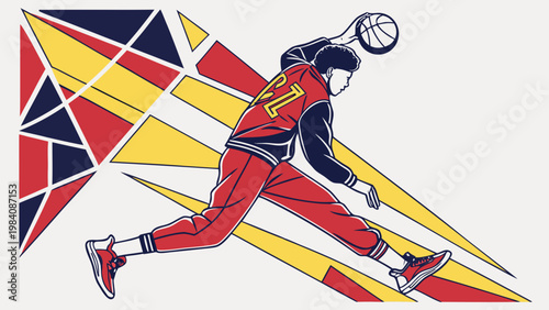 Dynamic urban rhythm with a stylized runner in geometric shapes and bold colors capturing speed motion and energy of modern city life