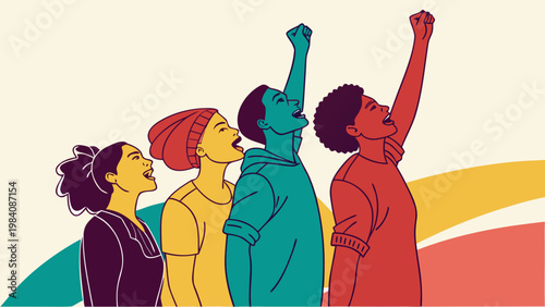 Radical inclusivity with diverse people standing together raising fists in unity symbolizing equality empowerment and social justice