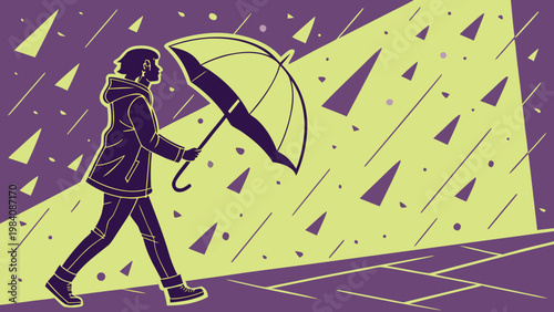 Psychological resilience metaphor with a person walking under umbrella through abstract storm representing inner strength protection and perseverance in adversity