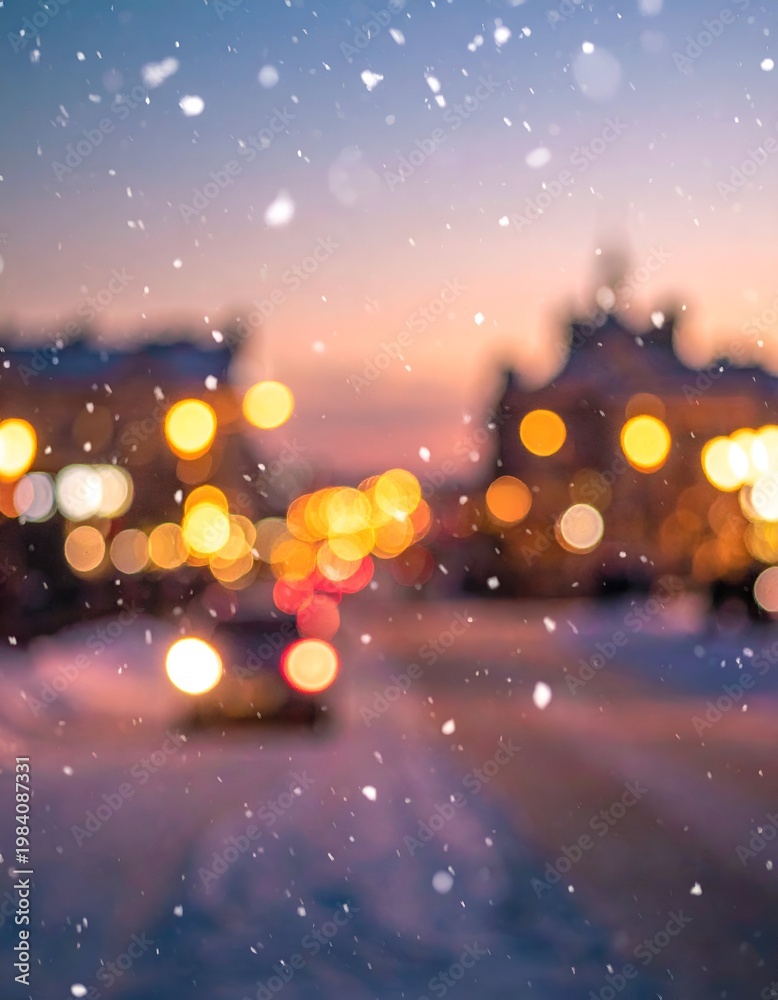 Fototapeta premium Blurred winter cityscape with falling snow and bokeh lights at dusk.