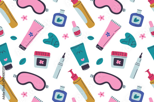 Beauty seamless pattern with bright flat cartoon skincare and cosmetic products, face cream jars, tubes, sleep mask, gua sha, nail polish, lotion and foam. Women skin care routine vector illustration
