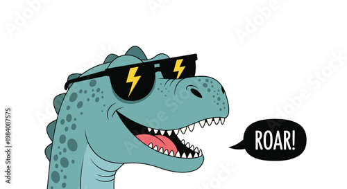 Cool blue T-Rex dinosaur character wearing black sunglasses with lightning bolt reflections opens its mouth to let out a loud roar.