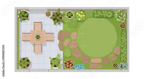 A serene garden plan features a large green lawn surrounded by stones and various plants on a patio with a wooden design and pathway leading to a seating area.