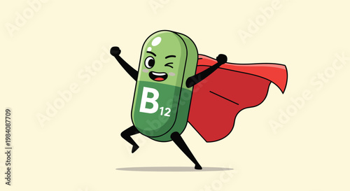 Strong vitamin B12 supplement pill character wearing a red cape and posing like a superhero to represent health and energy boost.