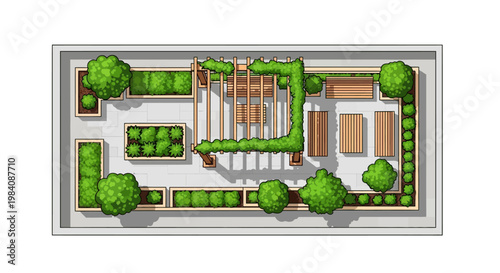 Overhead view of a meticulously designed garden with various plants and trees surrounding a central pathway and structures