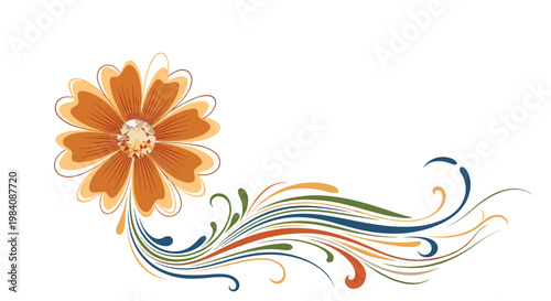 Elegant orange flower design featuring a gemstone center and decorative colorful swirling lines for artistic or ornamental purposes.