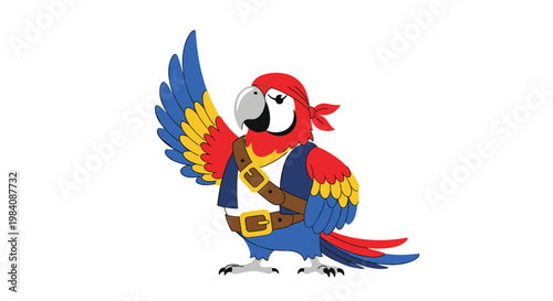 Colorful parrot character dressed in pirate attire with a bandana, vest, and belt against a plain white background for fun themes.