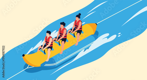 Group of three friends in life jackets riding a yellow banana boat through blue ocean waves during a summer vacation activity.