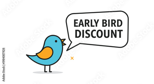 Cute blue bird character with a speech bubble offering an early bird discount for marketing and promotional campaigns.
