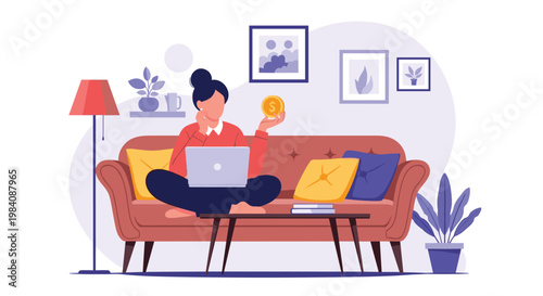 Woman sitting on a sofa and working on a laptop while holding a gold coin representing freelance work or online earning.