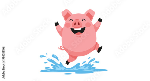 Happy pink pig character jumping and splashing in a blue water puddle against a plain white background for fun animal themes.