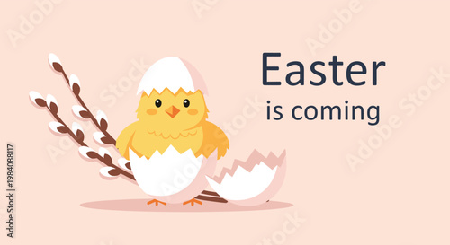 Cute yellow chick hatching from a white egg with willow branches and the text Easter is coming for holiday greetings.